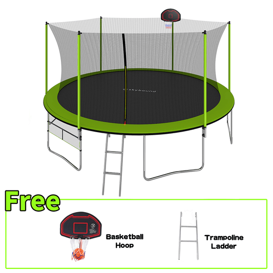 Skybound green 16ft trampoline with a basketball hoop, shoe pocket, and ladder. A box below highlights the basketball hoop and ladder with the text 'free' next to them.
