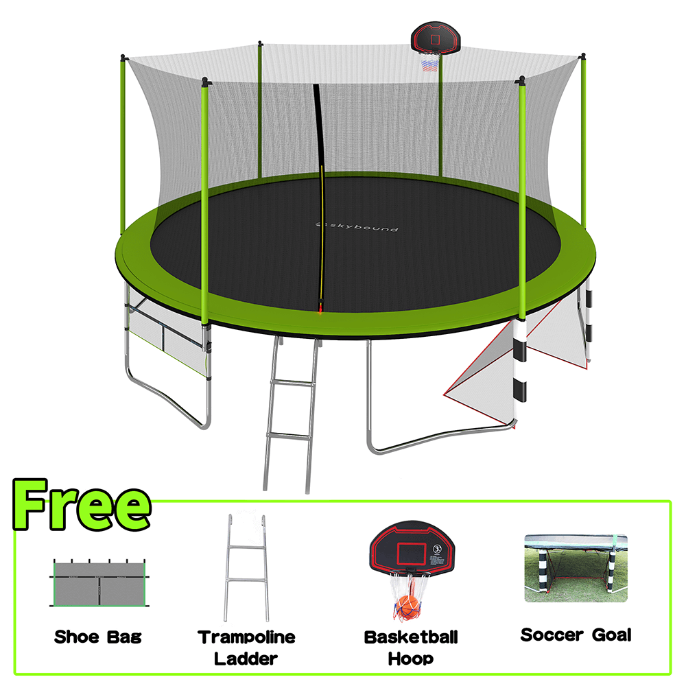 Skybound green 16ft trampoline with a basketball hoop, shoe bag, soccer goal, and ladder. A box below highlights the basketball hoop, soccer goal, shoe bag, and ladder with the text 'free' next to them.