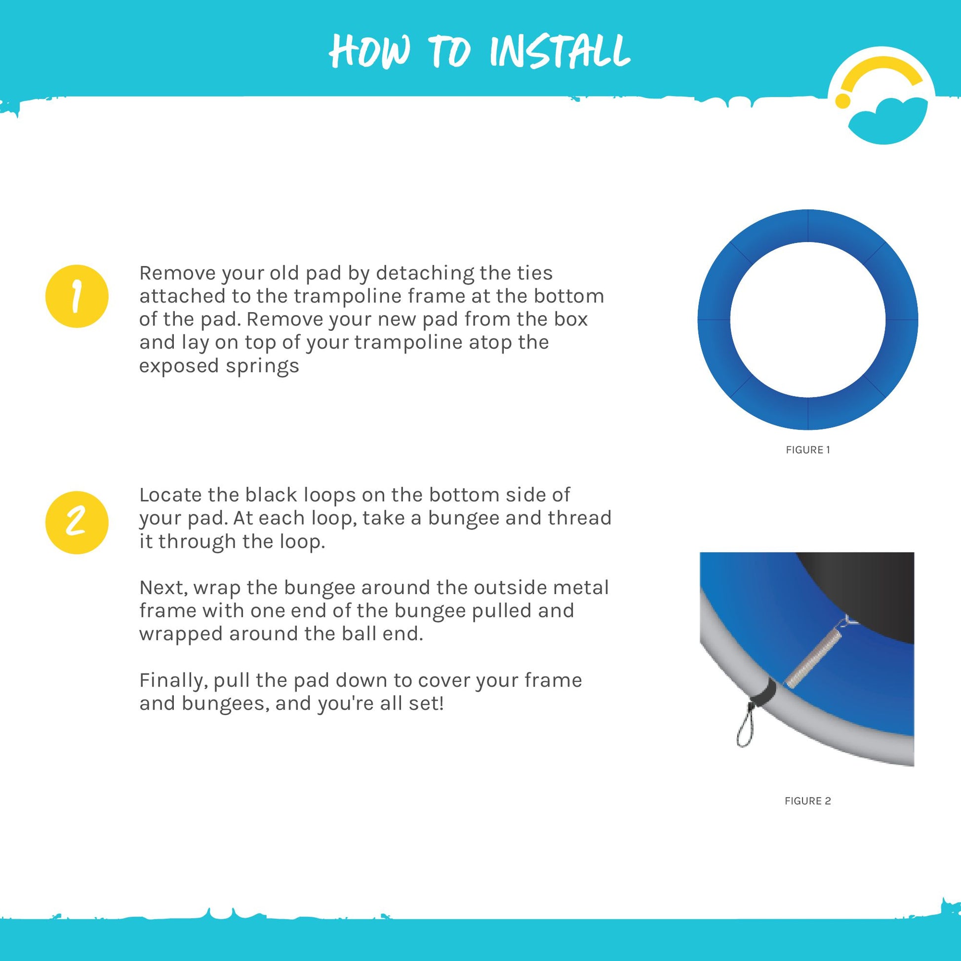 How to Install: 1-Remove your old pad by detaching the ties attached to the trampoline frame at the bottom of the pad. Lay on top of your trampoline atop the exposed springs. 2-Locate the black loops on the bottom side of your pad. At each loop, take a bungee and thread it through the loop. Next, wrap the bungee around the outside metal frame with one end of the bungee pulled and wrapped around the ball end. Finally, put the pad down to cover your frame and bungees, and you're all set!