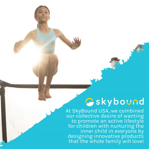 Girl jumping of Trampoline. SkyBound-At SkyBound USA, we combined our collective desire of wanting to promote an active lifestyle for children with nurturing the inner child in everyone by designing innovative products that the whole family will love!