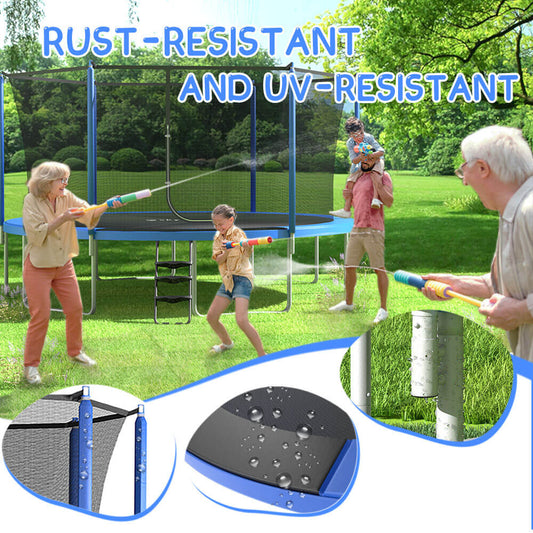 The title reads "RUST-RESISTANT AND UV-RESISTANT." A trampoline is set up in a backyard, with a family enjoying a water gun fight around it.