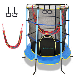 SkyBound 55-inch blue mini trampoline comes with sandbags, a single pole, and a hammock.