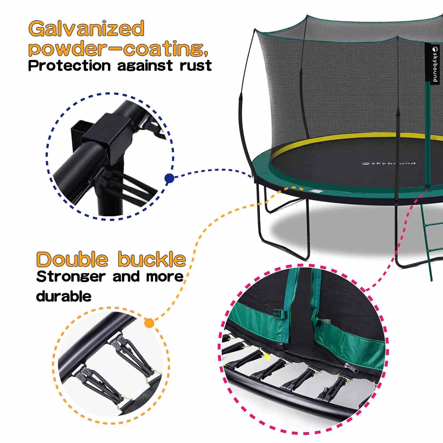 Next to the 12ft springless Trampoline are three detailed images, with the following labels beside each: Double-layer bungee cord, Zipper between the net and the jumping mat, Rust-resistant galvanized coating.