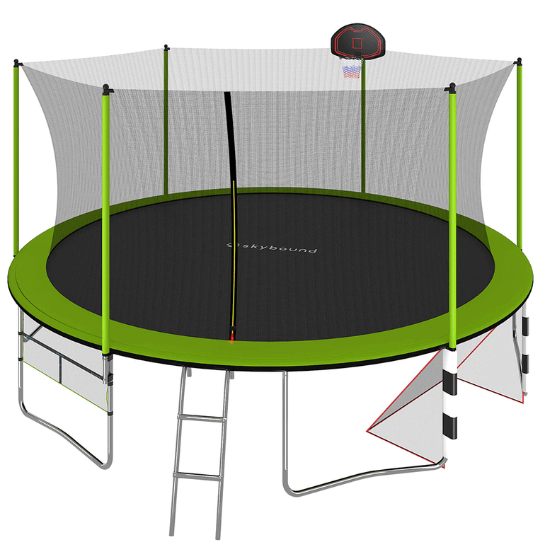 Skybound skysoar green 16ft trampoline with Soccer goal, basketball hoop, shoe bag, and ladder.