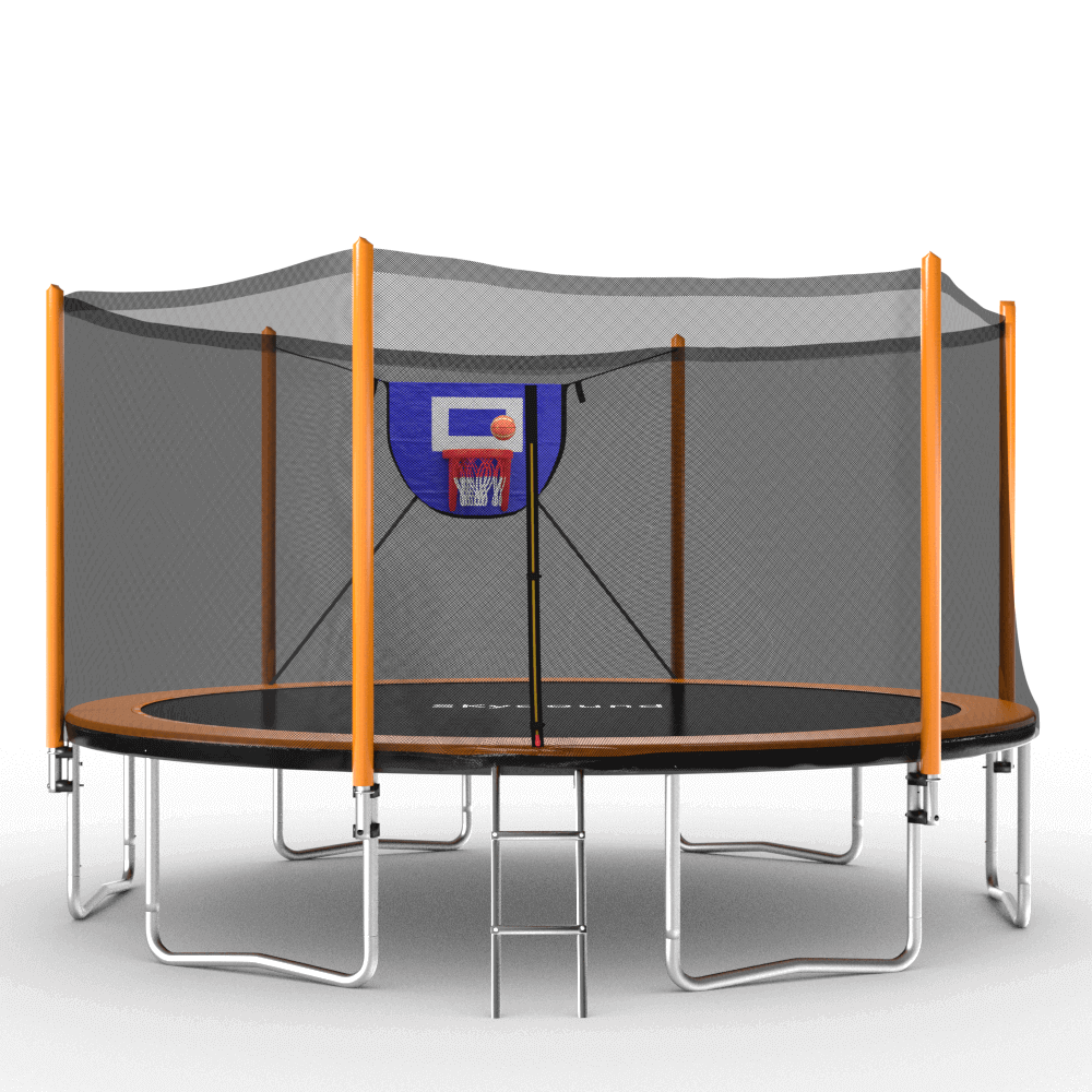 Skybound skysoar orange 14ft trampoline with safety net and fabric basketball hoop