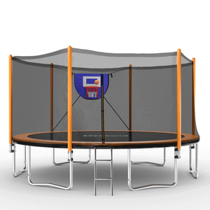 Skybound skysoar orange 14ft trampoline with safety net and fabric basketball hoop