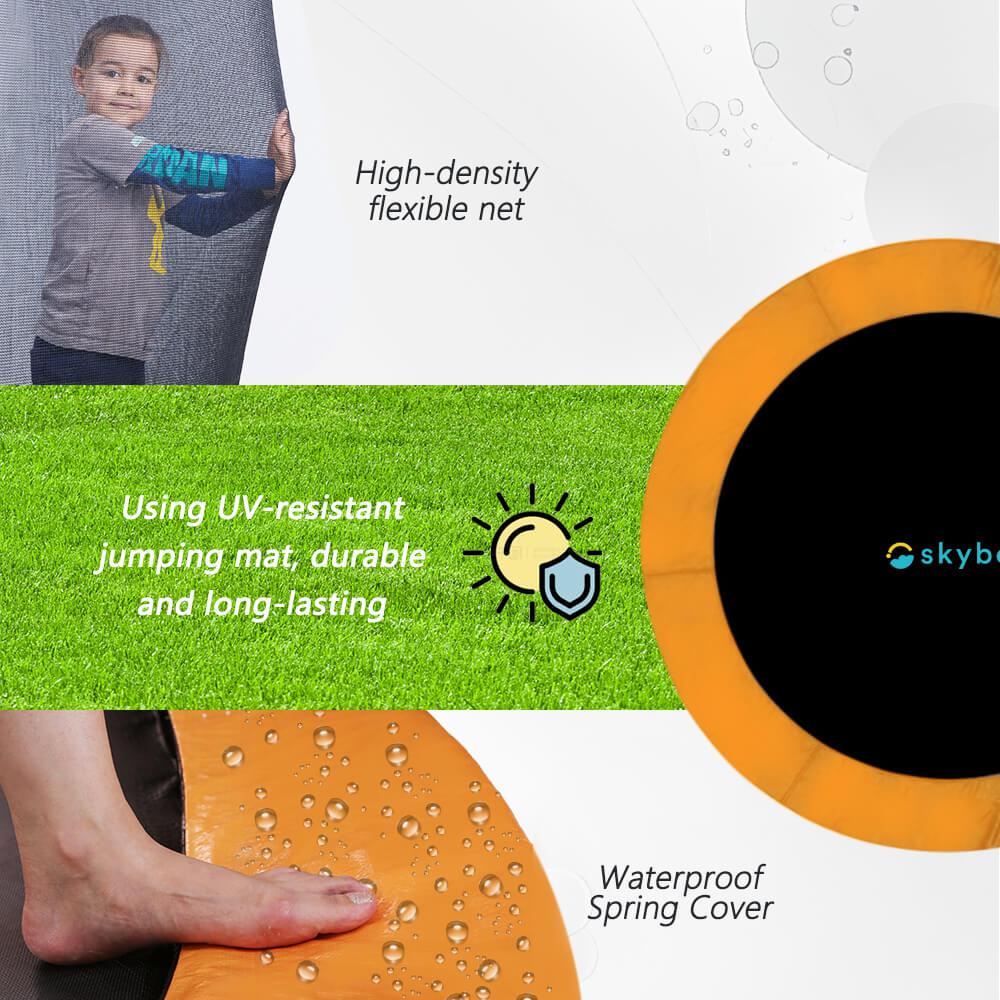 At the top, a little girl touches the trampoline net with the text 'High-density flexible net' next to it. In the middle, there is a  jumping mat with the text 'Using UV-resistant jumping mat, durable and long-lasting' beside it. At the bottom, there is a spring cover covered with water droplets, with the text 'Waterproof Spring Cover' next to it.