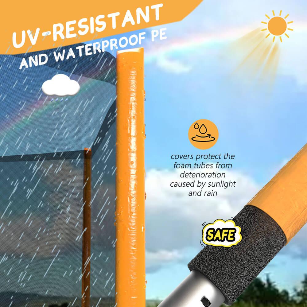 On the left, Skybound soar 14ft trampoline pole covered with water droplets; on the right, a steel pole wrapped in foam padding. The title reads 'UV-RESISTANT AND WATERPROOF PE.' Below, it says, 'Covers protect the foam tubes from deterioration caused by sunlight and rain.'