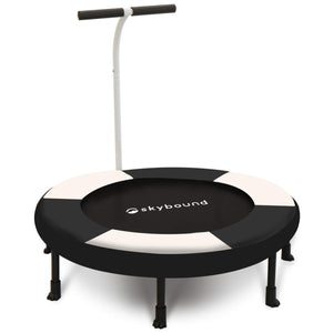 black and white kids mini trampoline with handle.