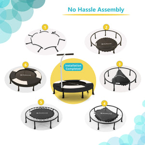 No Hassle Assembly: A complete black and white mini trampoline in the center surrounded by 6 installation steps.