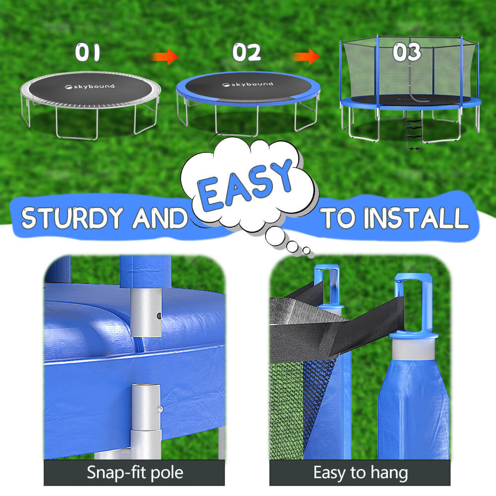 The title reads "STURDY AND EASY TO INSTALL." The top section shows three steps for trampoline assembly, while the bottom displays close-up details of pole installation and net setup.