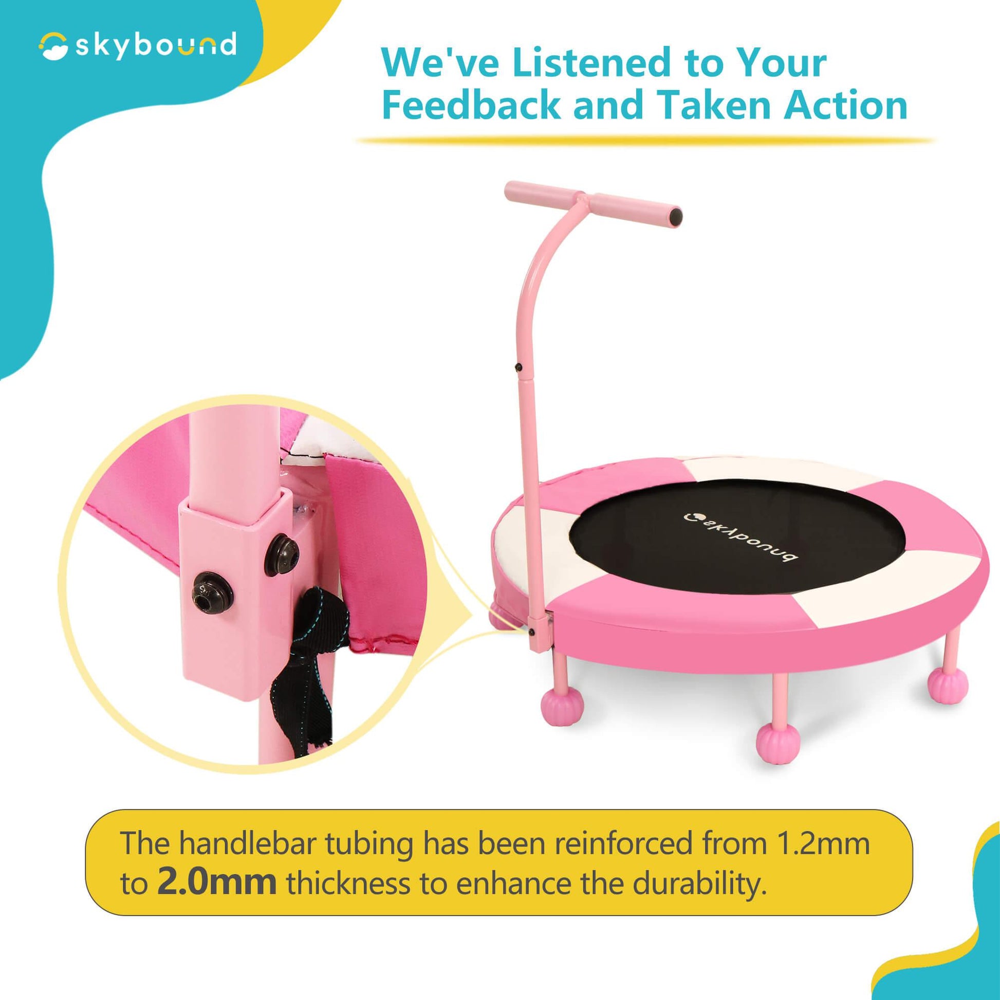 Pink mini trampoline with a close-up of the handle connection. Text below reads: The handlebar tubing has been reinforced from 1.2mm to 2.0mm thickness to enhance the durability.