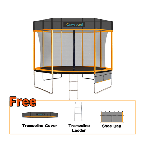 Orange 12ft trampoline with Cover, Below there is a frame that says FREE with cover, ladder, shoes and bag.