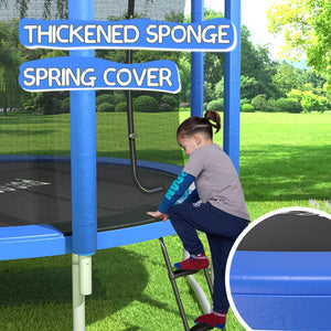 A little girl is stepping on the trampoline ladder, climbing up with her hand resting on the trampoline’s pad. In the bottom right corner, there is a close-up detail of the thickened spring pad. The title reads: “thickened sponge spring cover.”