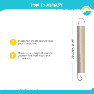 How to Measure Springs.  1-Disconnect the old springs from your trampoline.  2-Measure your original springs, unstretched, from hook-end to hook-end.  