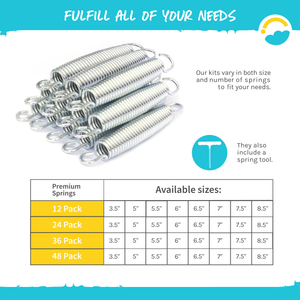 Fulfill all of your needs: Our kits vary in both size and number of springs to fit your needs. Product contains a spring tool. Spring packs come in 12 pack, 24 pack, 36 pack, and 48 pack. All packs contain available sizes of 3.5