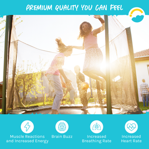 Kids jumping on Trampoline.  Premium Quality you can Feel: Product will helps with Muscle Reactions and Increased Energy, Brain Buzz, lncreased Breathing Rate, and Increased Heart Rate.  