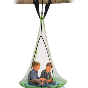 2 children sitting on a saucer round swing on a tree branch 